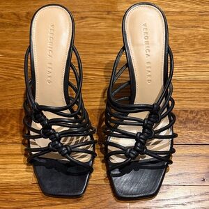 Veronica Beard Black Knotted Multi-Strap Slide Heels
